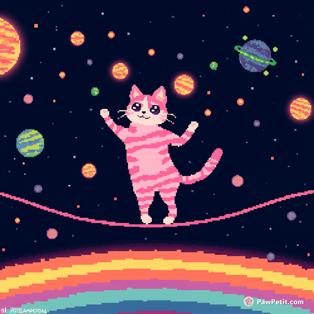 A pink striped cat gracefully tightrope walking across a rainbow in outer space, attractively juggling tiny glowing planets.