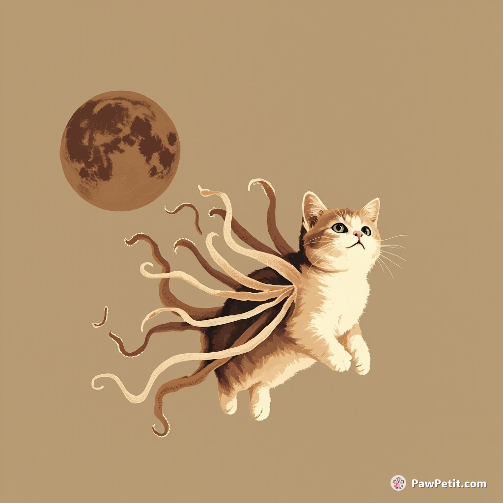 A cat sprouting wings made of jellyfish tentacles, soaring around a chocolate moon.