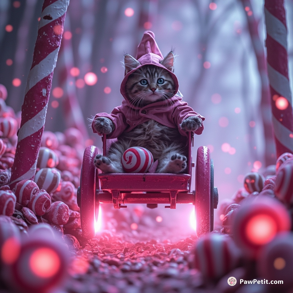 A chariot-riding cat cuboulder raging through a candy cane forest to save little elves from sugar monsters.