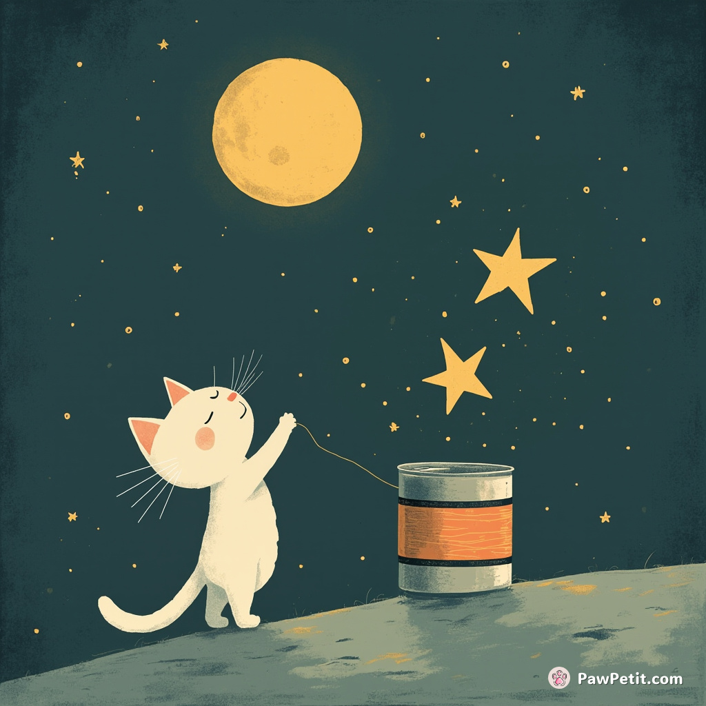 Whiskers the cat scales the moon to rescue a star stuck in a cosmic tuna can.