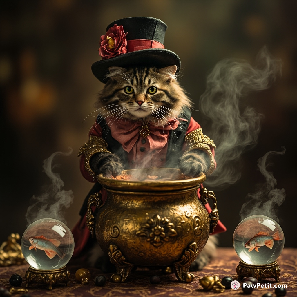 Victorian cat brewing a love potion in an ornate gold cauldron, surrounded by crystal balls showing tuna fish.