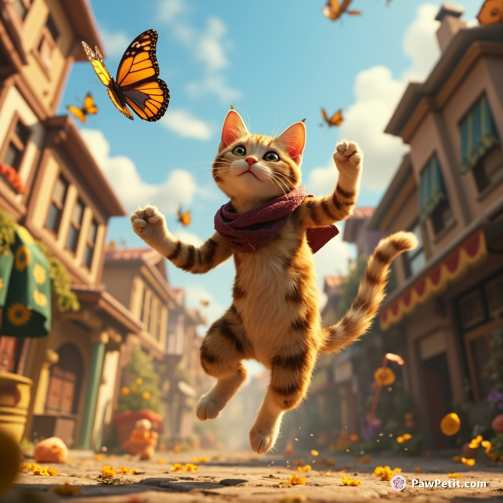 In a topsy-turvy town, a cat's graceful leap to catch a butterfly is mistaken for a heroic human victory dance.