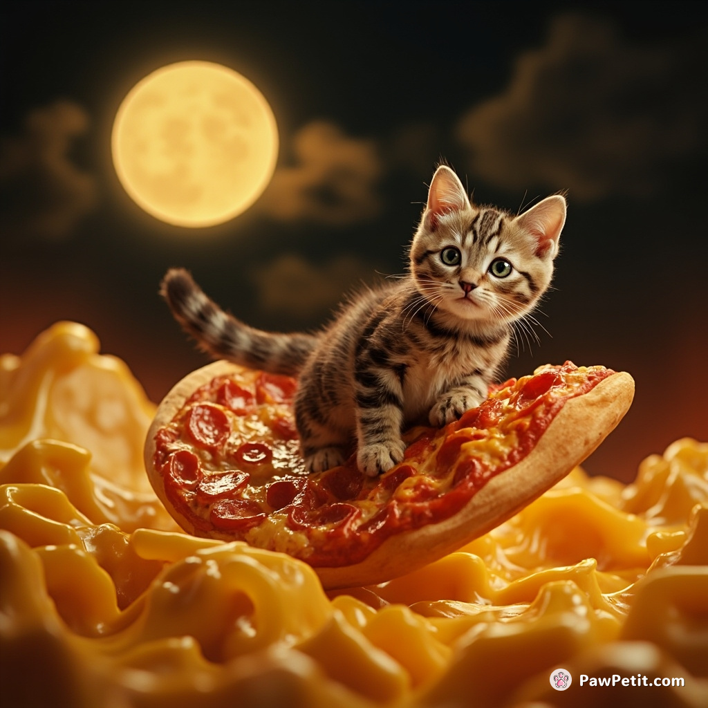 Cat riding a double-decker pizza slice through oceans of hot cheese under a pepperoni moon.