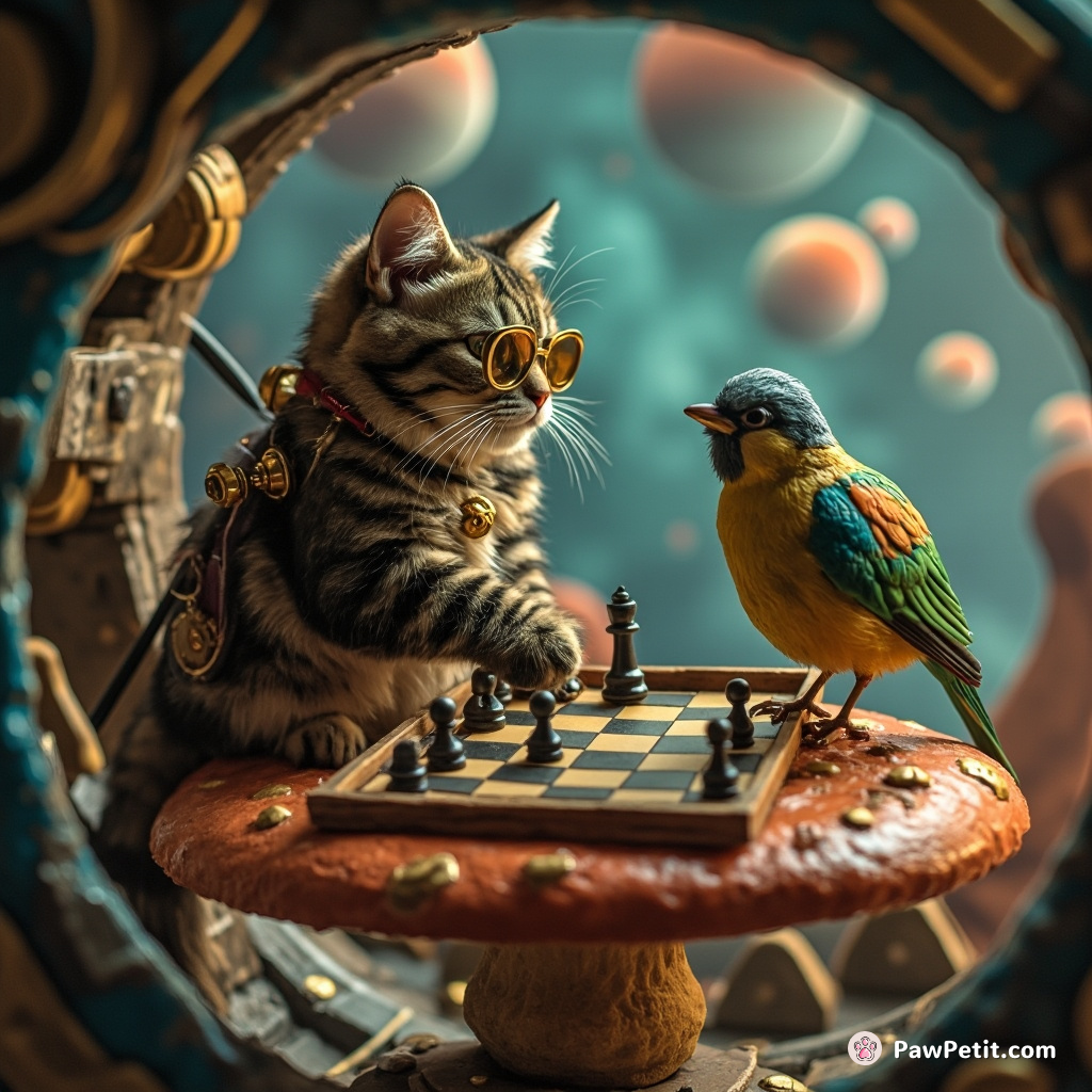 Steampunk cat playing chess with a bird on a floating mushroom in an intergalactic spaceship.