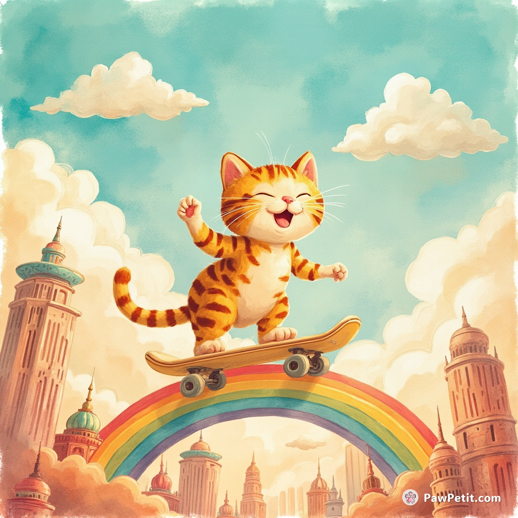 A spotted orange cat skateboarding gleefully on a rainbow above an alien city with cheesecake skyscrapers.