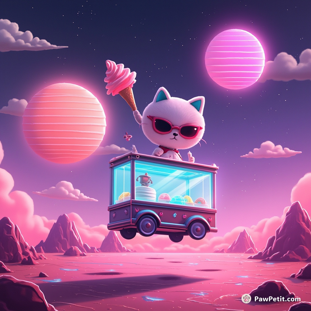 A futuristic cat selling alien ice cream from a levitating cart in a vividly-hued neon Martian landscape.