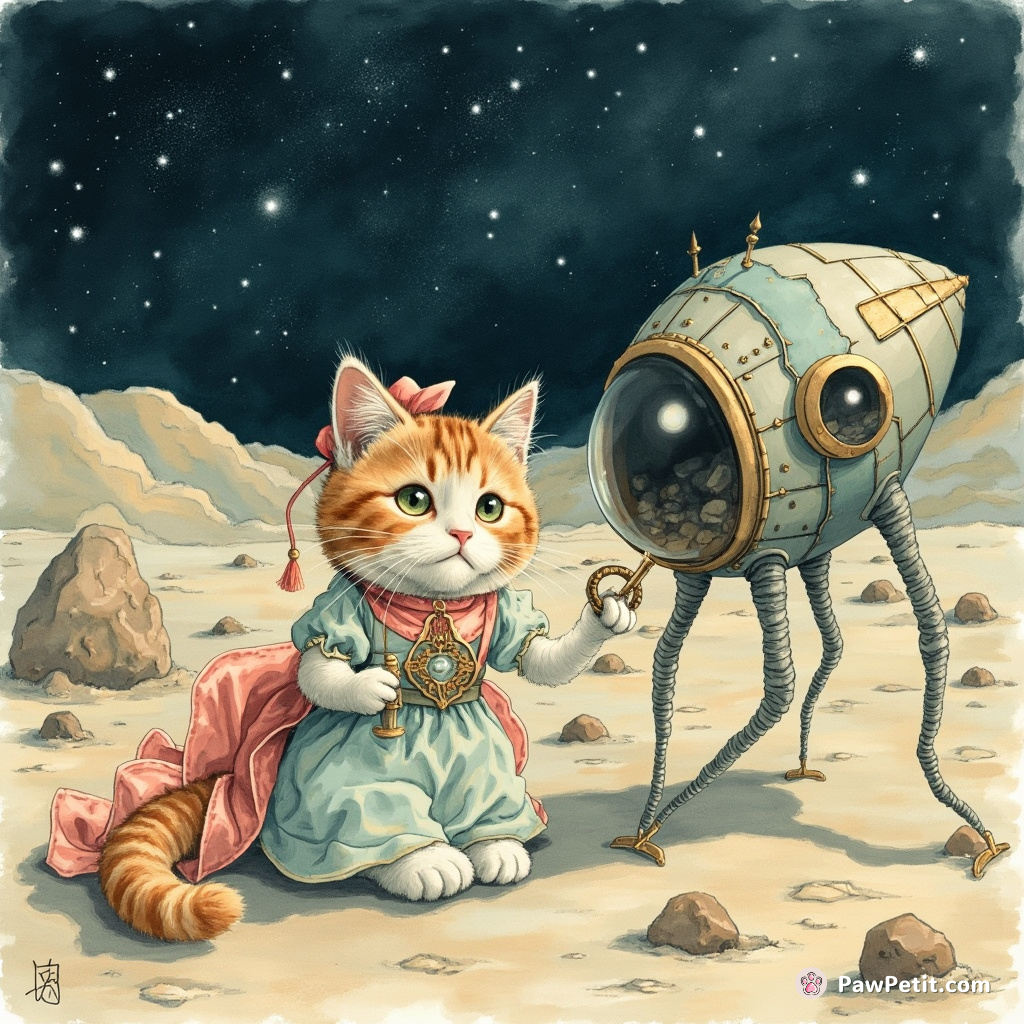 Cat in a Victorian dress assembling an alien spaceship stranded on the moonscape.