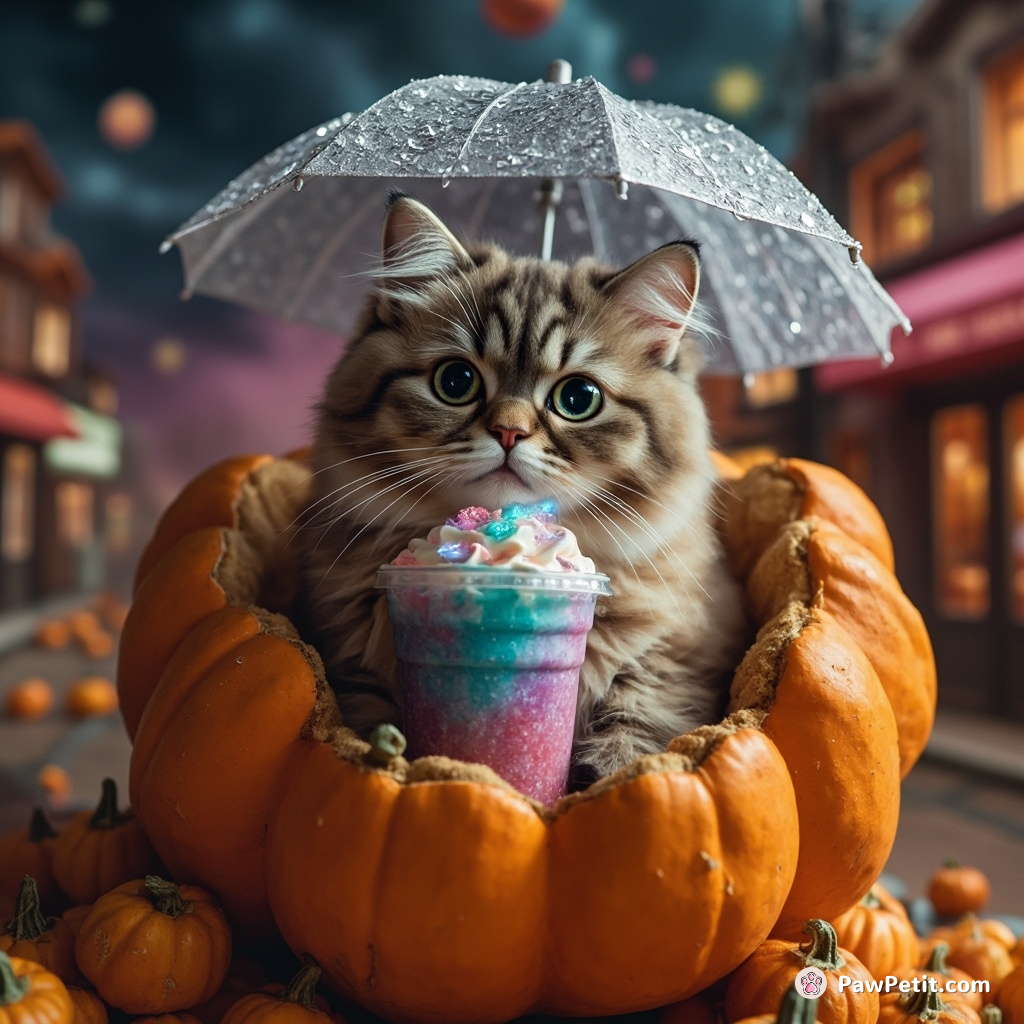 A sophisticated cat sipping galaxy-flavored milkshake from a diamond-encrusted umbrella inside a pumpkin shop that floats in the middle of an unlikely square asteroid.