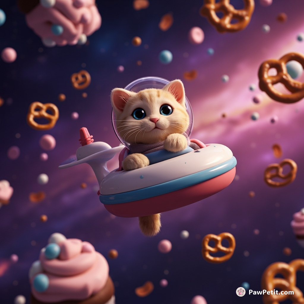 A cat piloting a tiny spaceship through a multi-colored nebula with pretzels and cupcakes floating around in zero gravity.