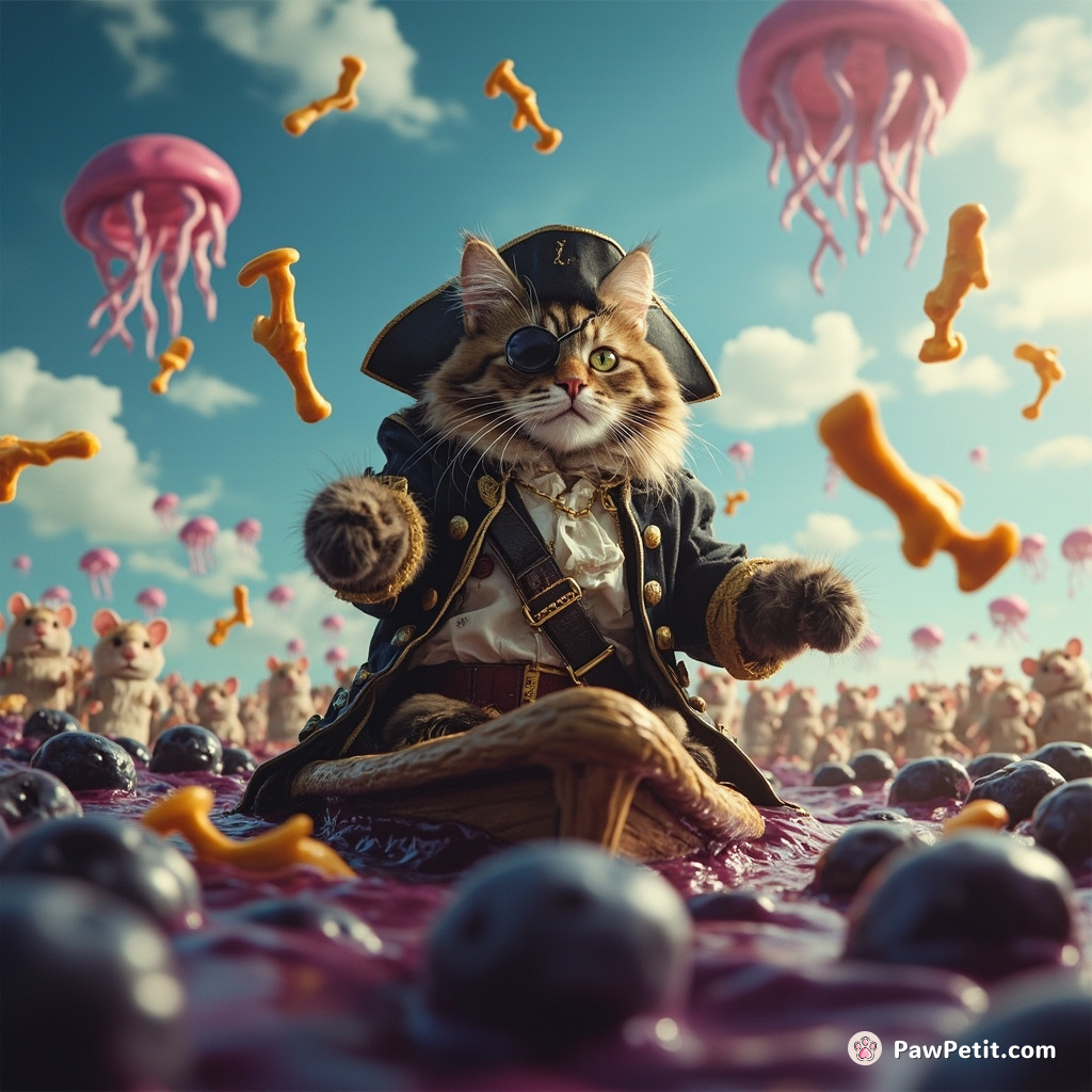A pirate cat with a monocle, sailing through an ocean of blueberry jam under a jellyfish clouded sky, playfully tossing golden fishbones into a crowd of cheering mice.