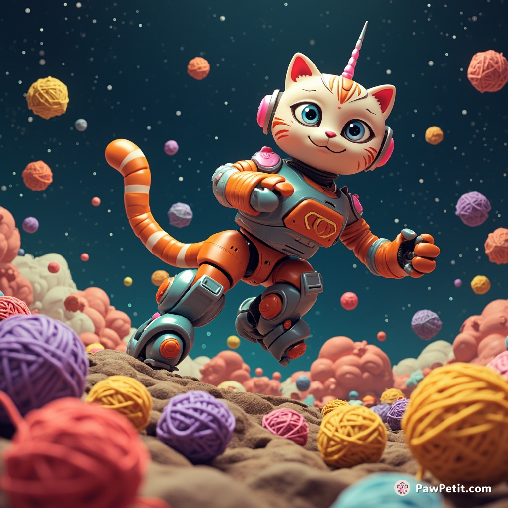 A giant robot cat bowling with planet-sized yarns against constellations in the middle of deep space.