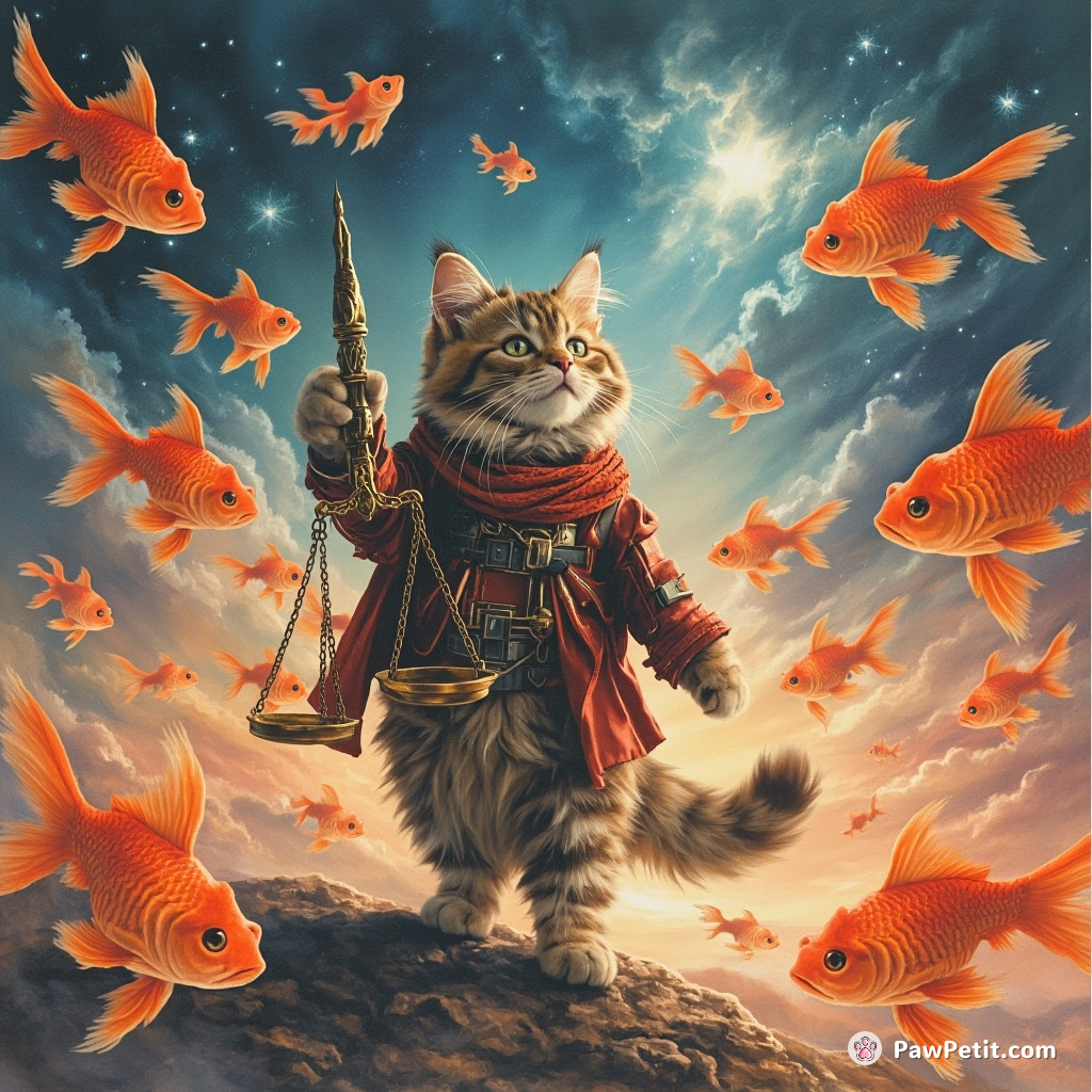 Cat lawfully commanding an army of cybernetic goldfish in a nebulascape.