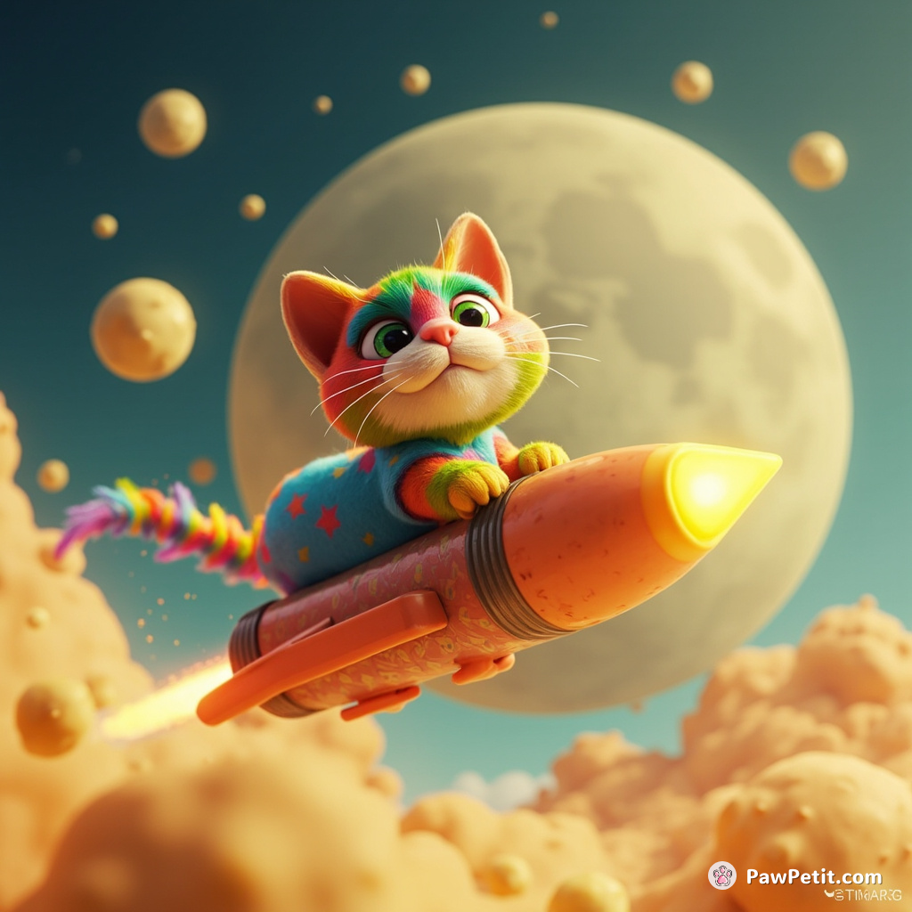 A rainbow-colored cat flying on a high speed rocket-powered sardine can over a bubbly cheese moon.