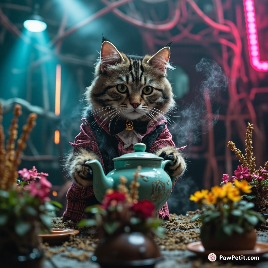 A Victorian era cat serving steaming teapots with multicolored, fragrant plants growing out of them in an ancient ruin garden party.