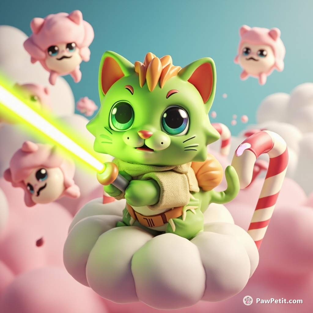 A neon-green cat wielding a candy cane lightsaber on a fluffy cotton candy cloud, defending against marshmallow aliens.