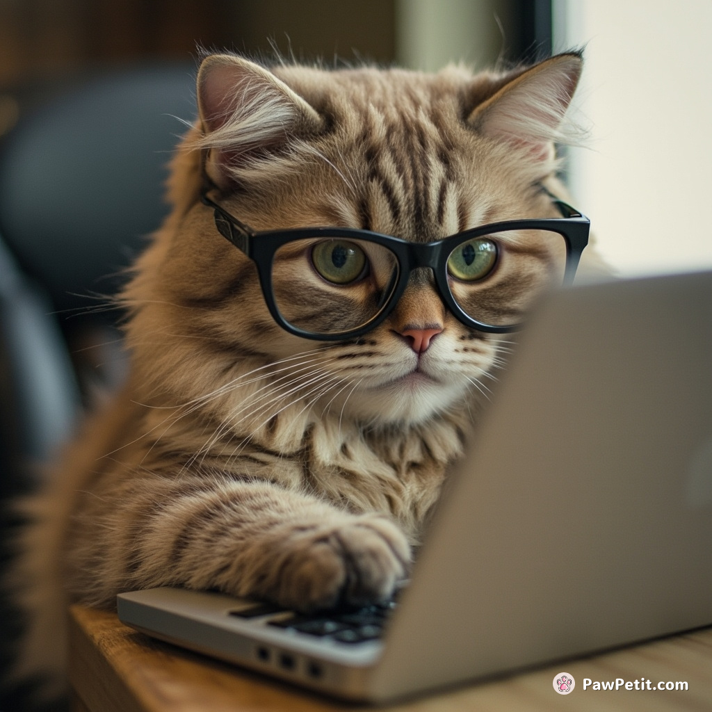 The cat obsessively mimics typing on a laptop, complete with serious glasses perched on its feline nose.