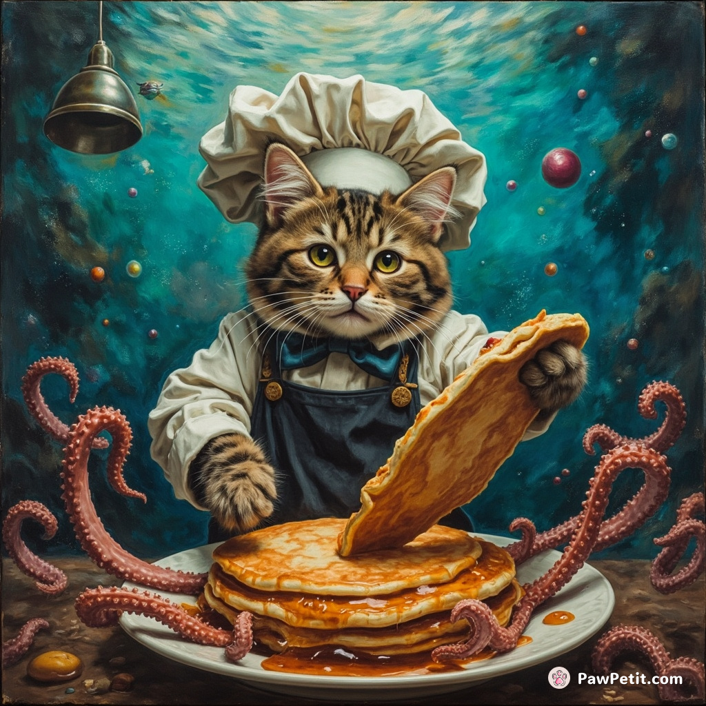 Cat as a grand chef in an underwater kitchen, flipping space-themed pancakes with tentacles.