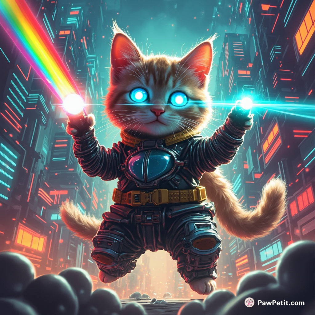 Cybernetic cat powering a future city with rainbow laser eyes.