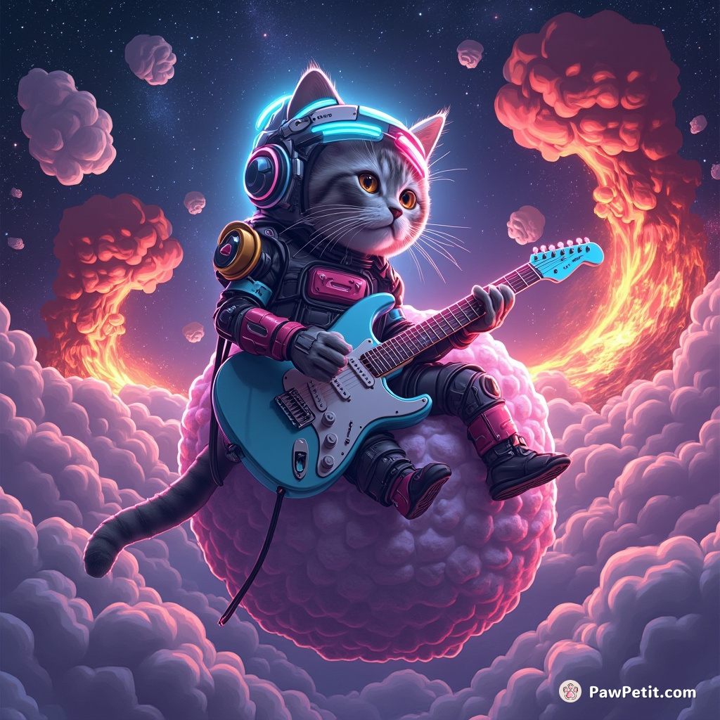 Neon cybernetic cat playing electric guitar on a floating asteroid-marshmallow, while volcanic marshmallows erupt in the galaxy beyond.