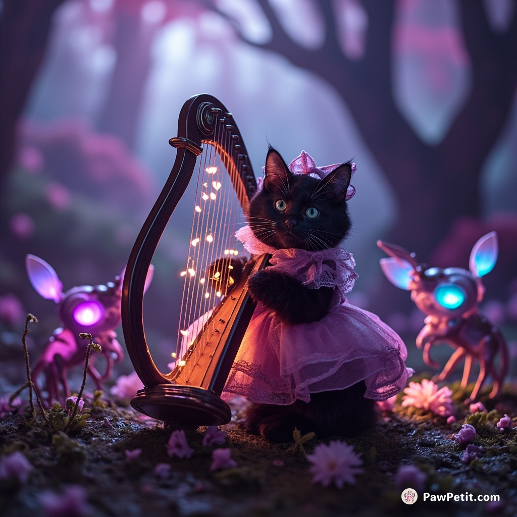 Kawaii gothic lolita cat playing harp with fiery strings in an alien woodland of beetle-sized unicorns.