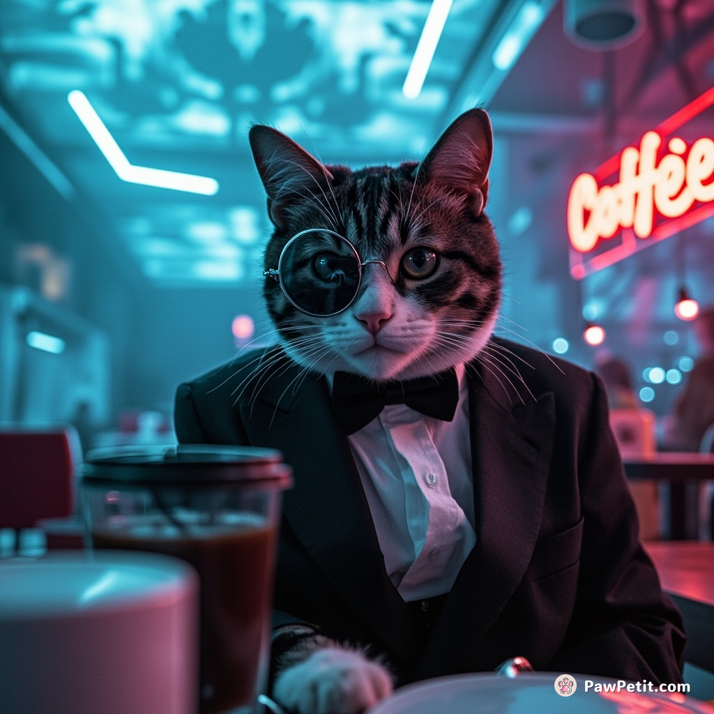 Cat wearing a tuxedo and monocle, sipping out of a coffee cup at an abstract underwater café.