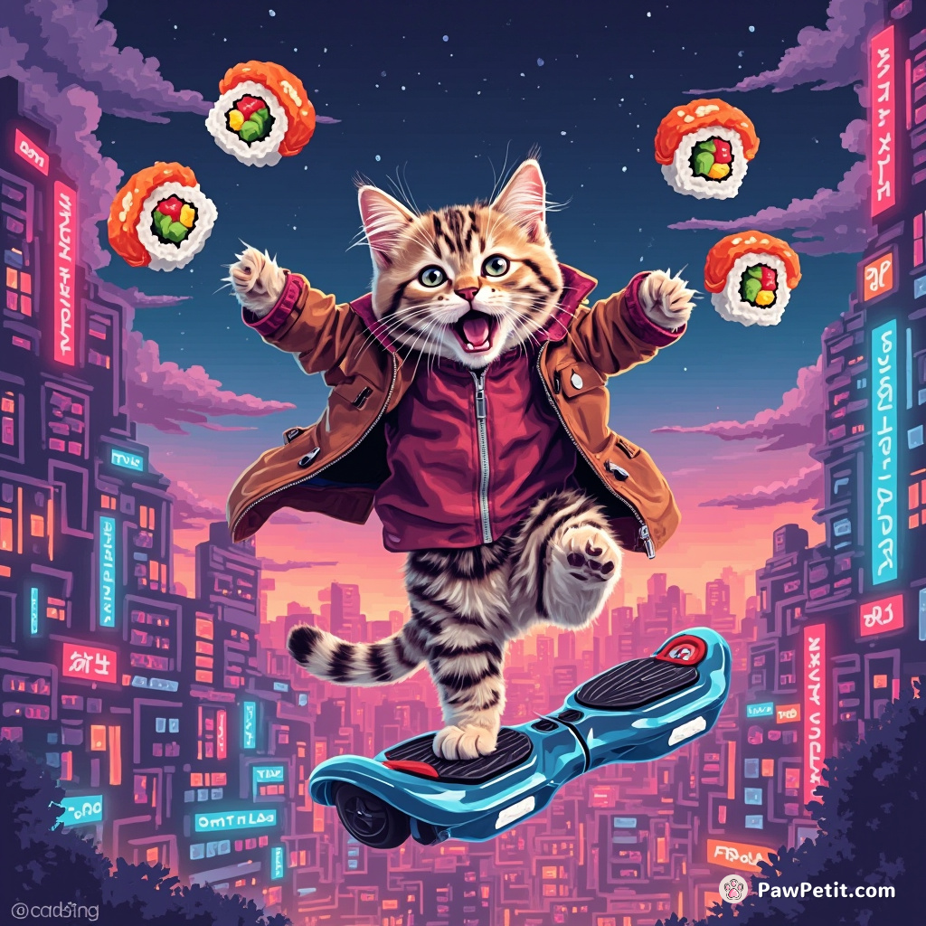 Cat flying over a neon cityscape on a hoverboard juggling floating sushi rolls.