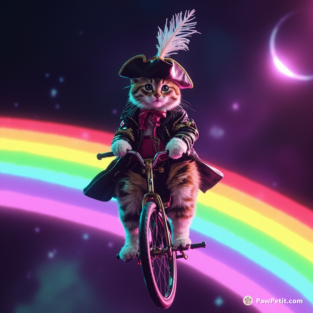 A pirate cat with a feathered hat riding a unicycle across the rainbow in outer space.