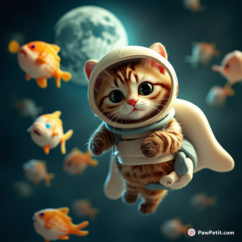 A tabby cat wearing a space helmet piloting an opalescent school of flying fish against a waxing gibbous cheese moon.