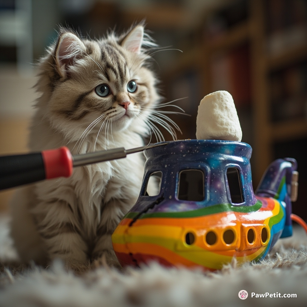 Cat using a screwdriver to fix a galaxy-themed marshmallow roaster inside an upside-down rainbow submarine.