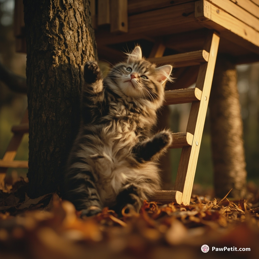 A cat attempts to scale a treehouse ladder, mistaking it for a scratching post, then dramatically flops onto a pile of leaves.