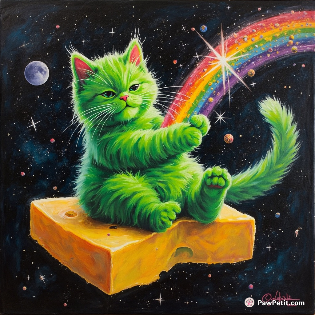 A neon green cat knitting a sparkling rainbow while floating on cheese in space.