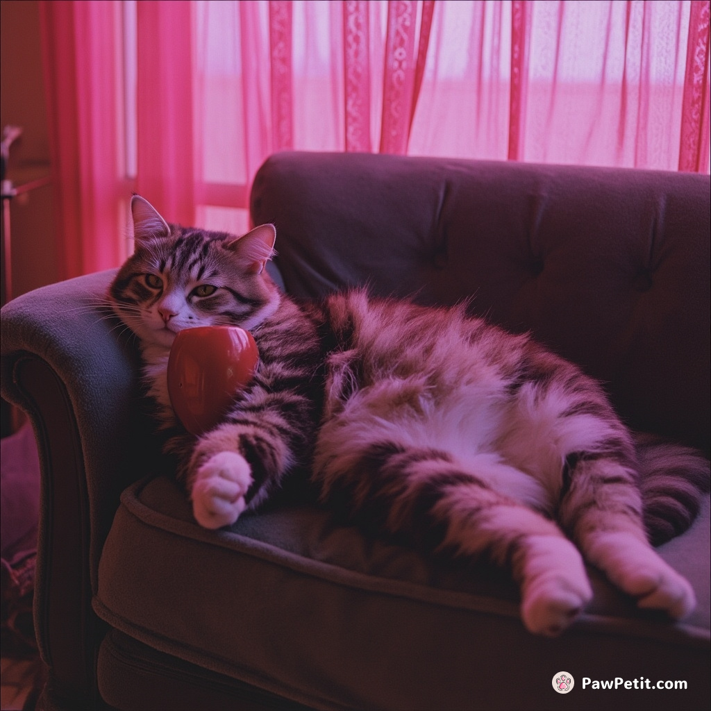 Cat sprawls on couch, paws crossed, sipping imaginary tea, dreaming of a nine-to-five job.