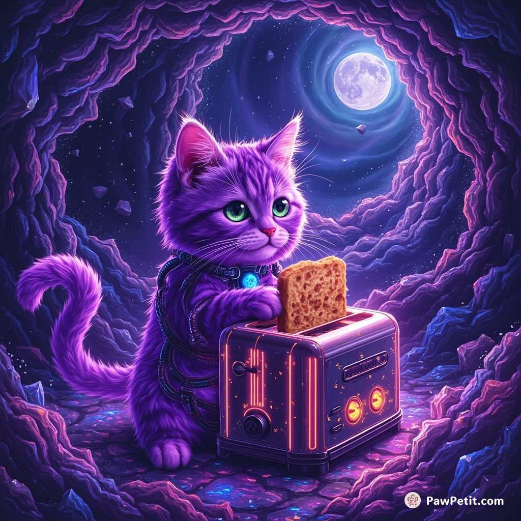 A neon-purple cat operating a cybernetic crumpet toaster in a swirling crystalline dimension.