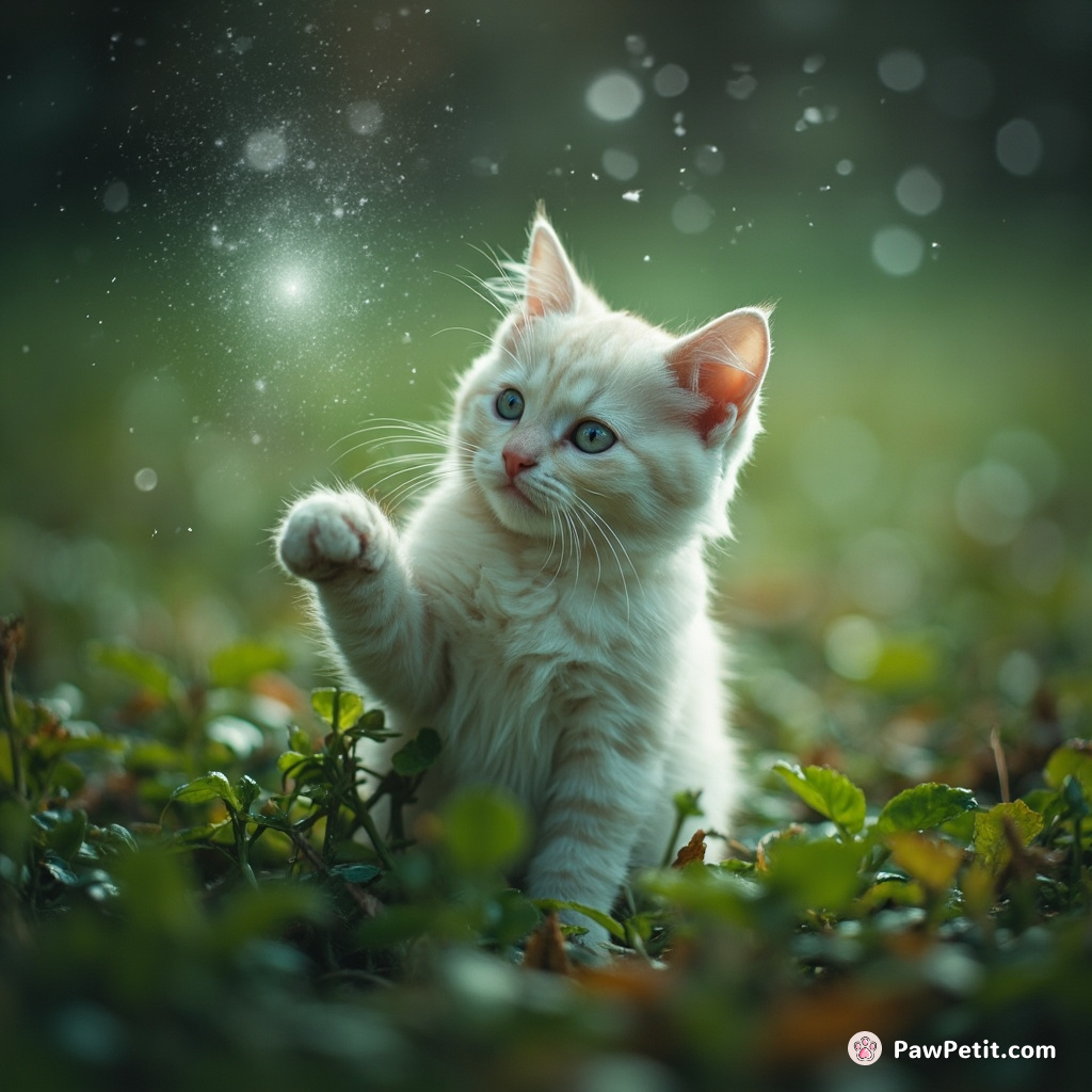 A snow-white cat spellcasting a magical Norse rune, amidst sherbert rain fulfilling spontaneous plant growth.