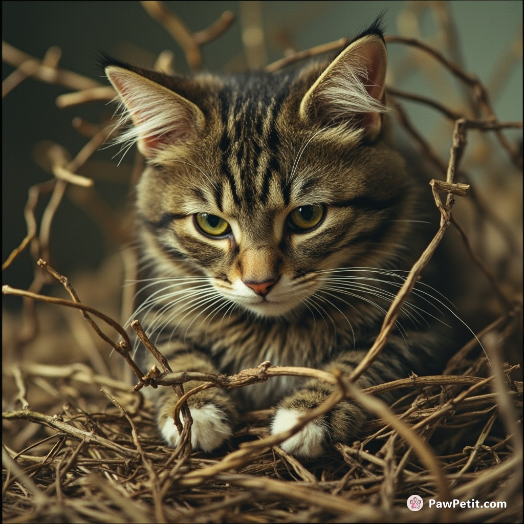 Furry chaos ensues – a cat suturing twig and twine, employing equivalent human dexterity to craft its feline-shaped shrine.