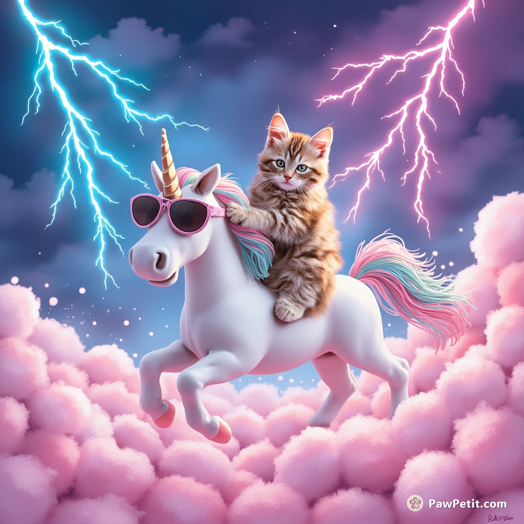Cat riding a neon unicorn with sunglasses over a sea of marshmallows under the cotton candy lightning storm.