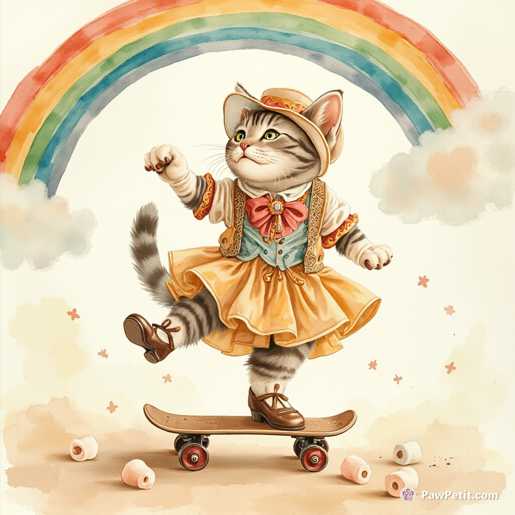 Cat tap dancing on a skateboard made of marshmallows in a Victorian era costume under a swirling rainbow.