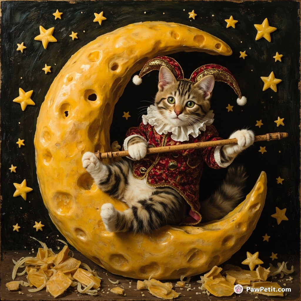 A jester cat swinging on a cheddar cheese crescent moon, dumped by parmesan stars whilst playing a fishbone orchestra.