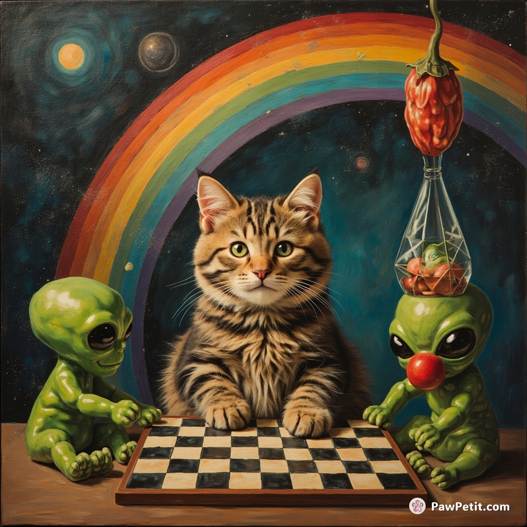 A cat playing cosmic checkers with green aliens inside a geometrical glass capsicum hanging from an upside down rainbow.