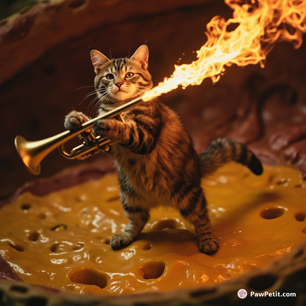A grinning cat confidently playing a flaming trumpet, while balancing on a rolling cheese wheel in the slumbering belly of a gigantic Martian beast.