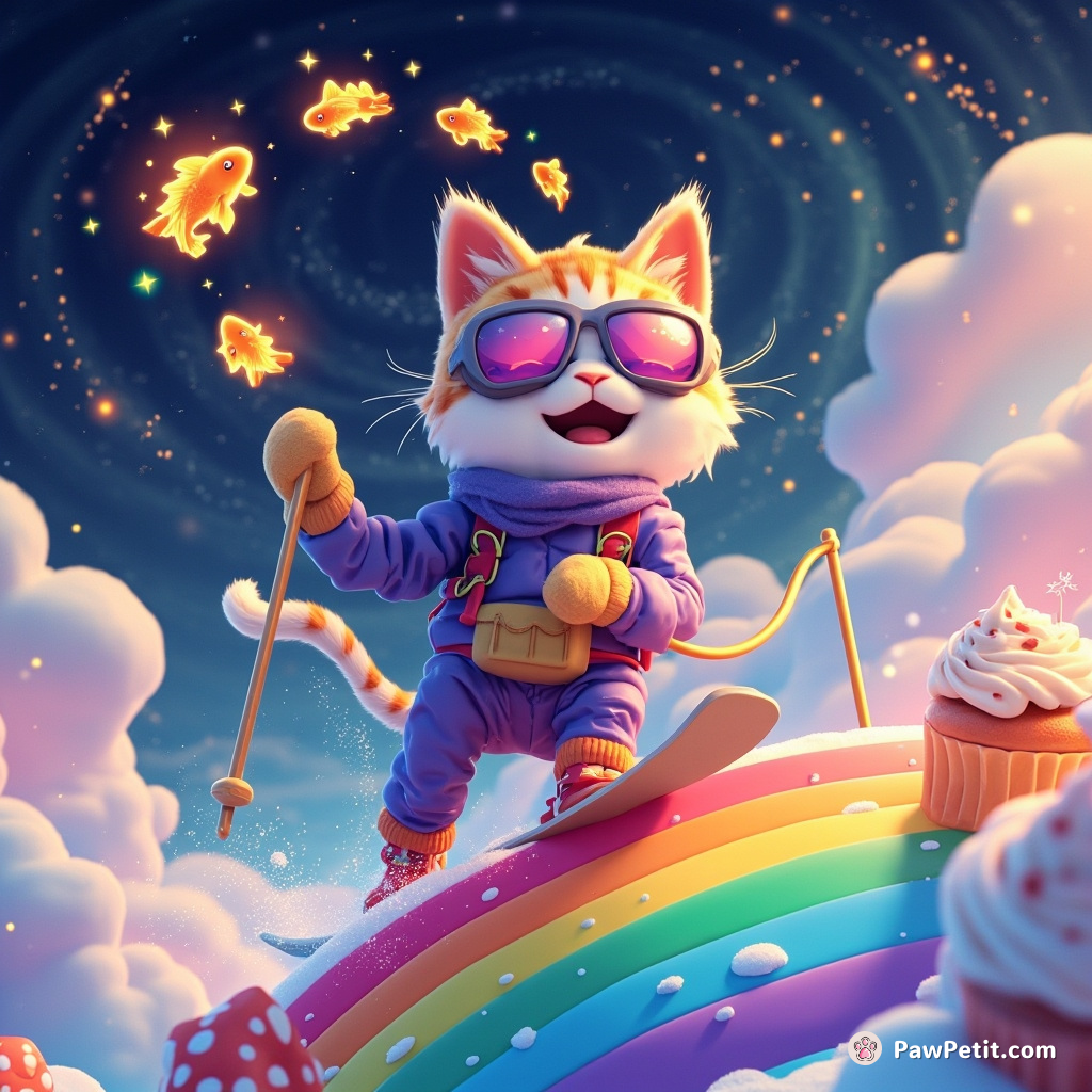 A cosmic cat on skis, juggling flaming goldfish while going down a rainbow mountain of cupcake snow with star-shaped constellations twirling around in the sky.