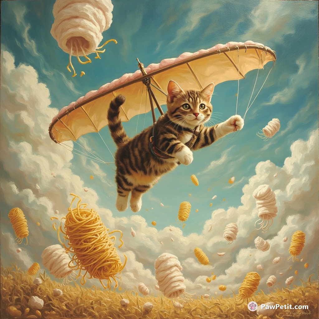 A cat hang-gliding over a marshmallow landscape with spaghetti tornadoes.