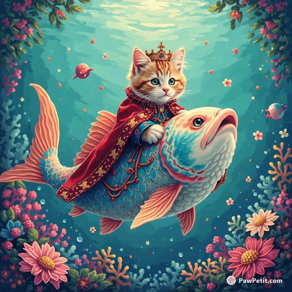 A royal cat riding a radiant fish to an underwater tea party.