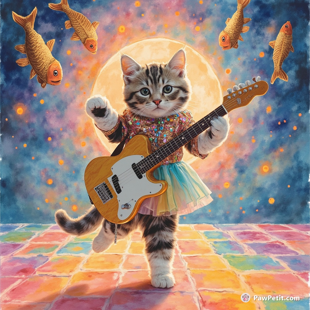 Cat performing a moonwalk, wearing shimmering disco attire on a rainbow floor with flying fish guitars.