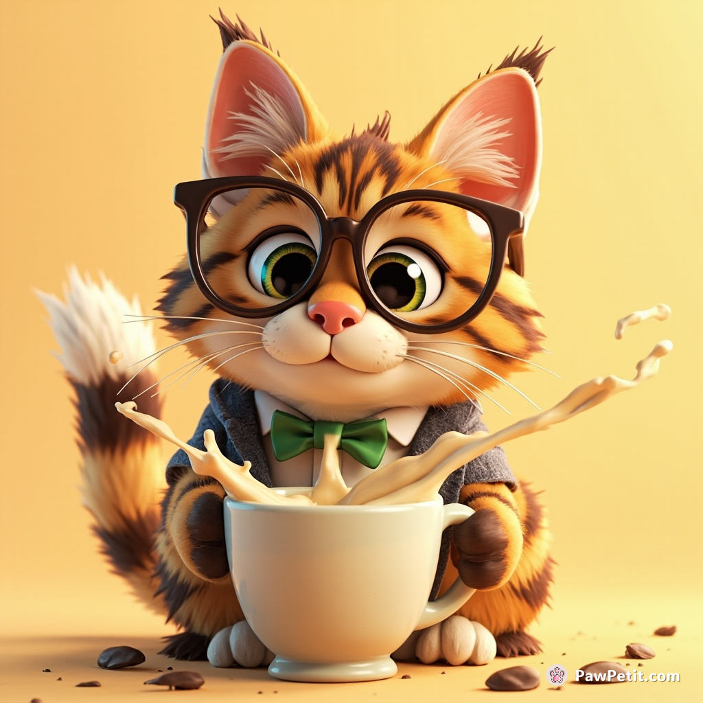 A tabby cat, choosing corporate life, sips from the morning coffee mug creating whirlpools of cream amid purrs.