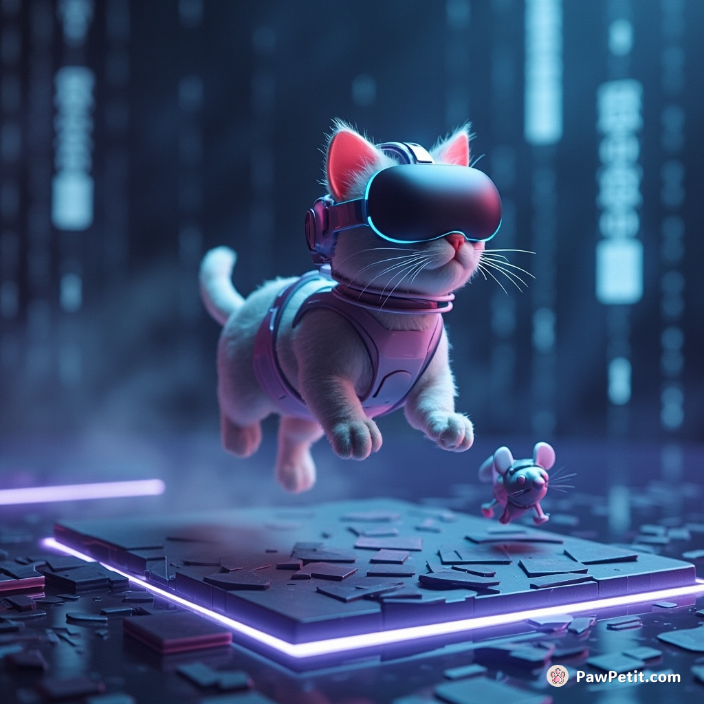 Within the digital realm of VR, the cyber-feline leaps across floating binary code platforms, chasing elusive mouse-shaped pixels.