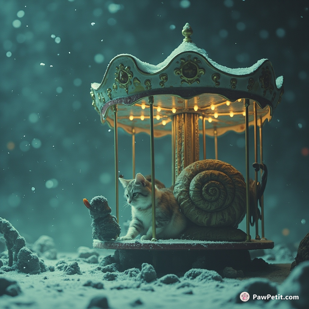 Cat using a giant snail as a carousel in the middle of an underwater snowstorm.