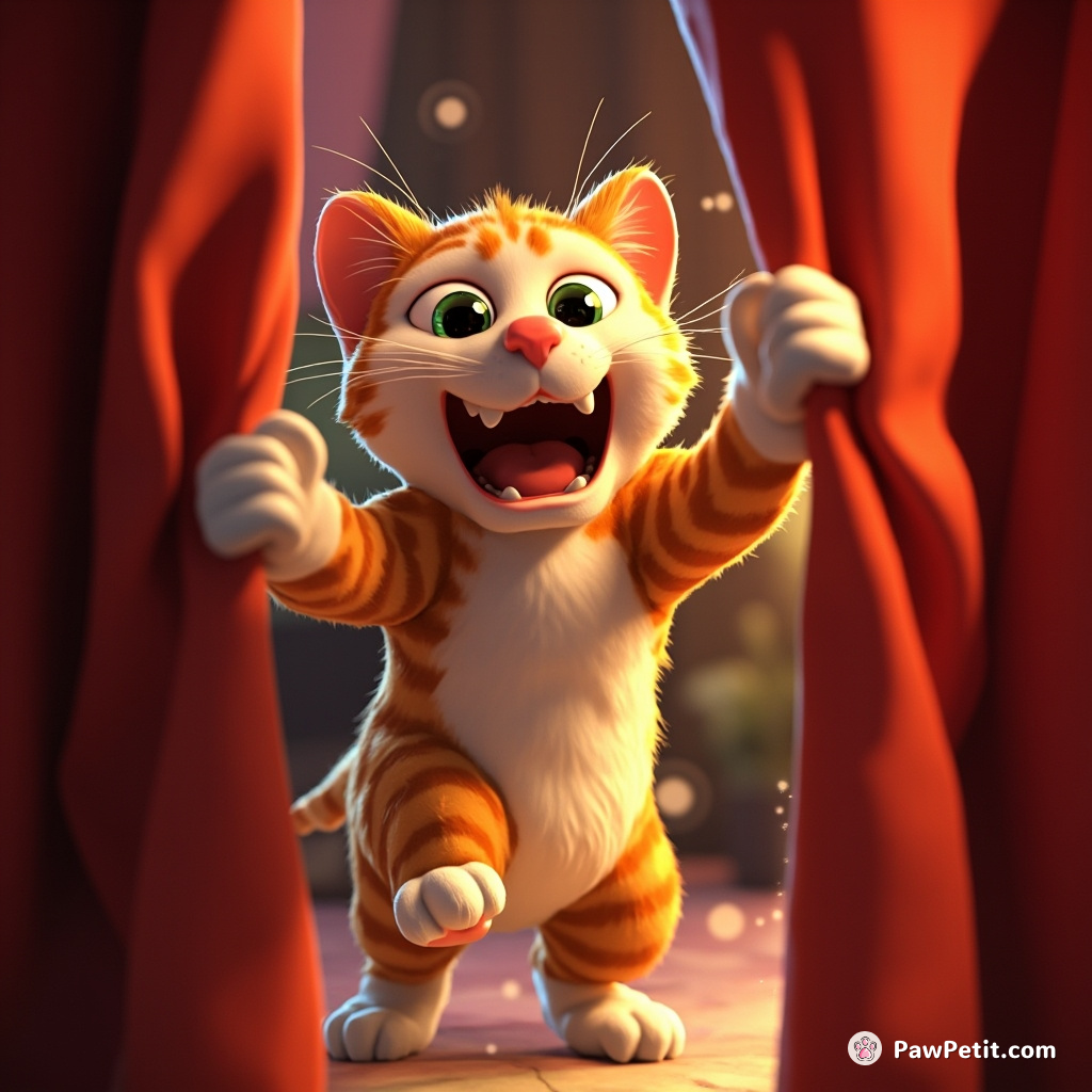 Cat frantically clawing to break free from an accidentally pulled-down curtain during a bustling dinner party.