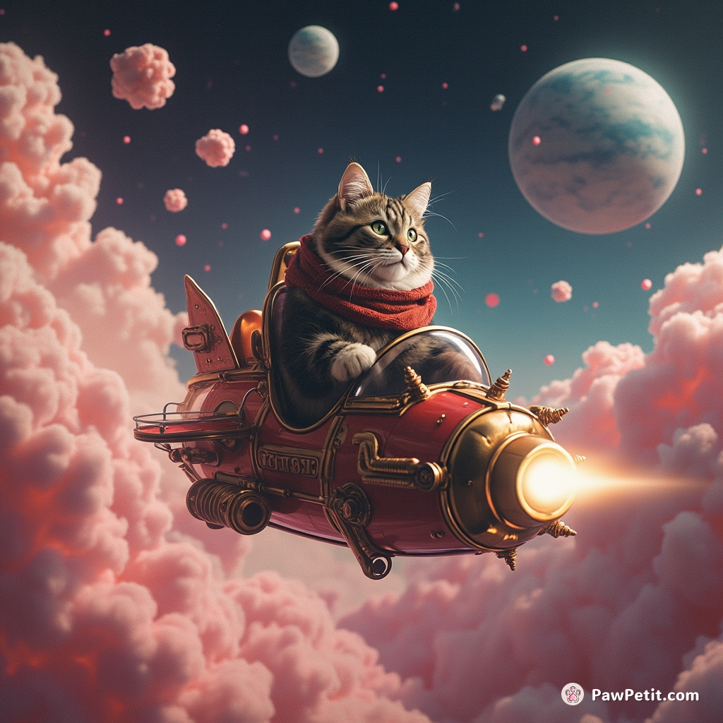 Cat piloting a steampunk spaceship through a nebula of cotton candies.