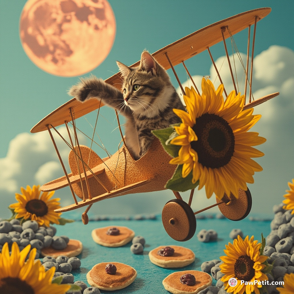 A soaring cat operating a vintage biplane made from oversized sunflowers above an ocean of sizzling blueberry pancakes.